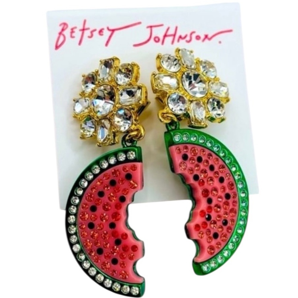 BETSEY JOHNSON Crystal-Accented Watermelon Slice Garden Glam Dangle Earrings NWT - Picture 2 of 10
